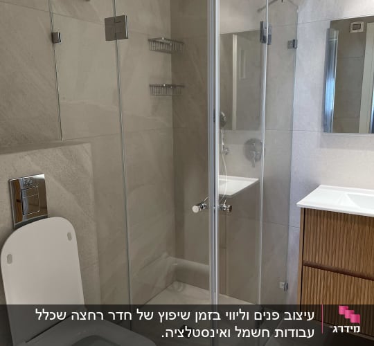 מקלחון זכוכית עם ראש מקלחת, שירותים וכיור
